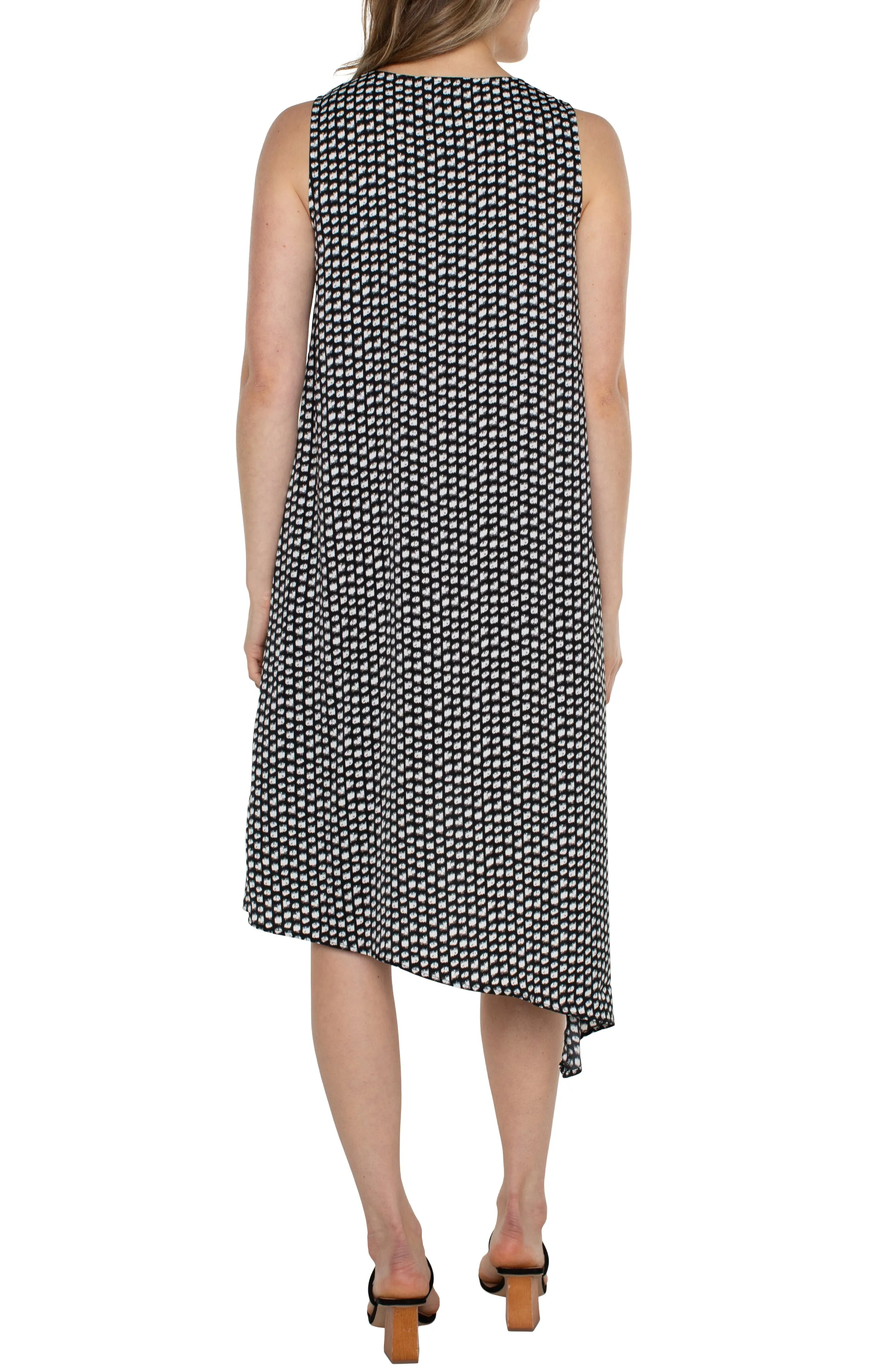 Liverpool Sleeveless Neck Dress with Asymmetric Hem (Black/White Dot)