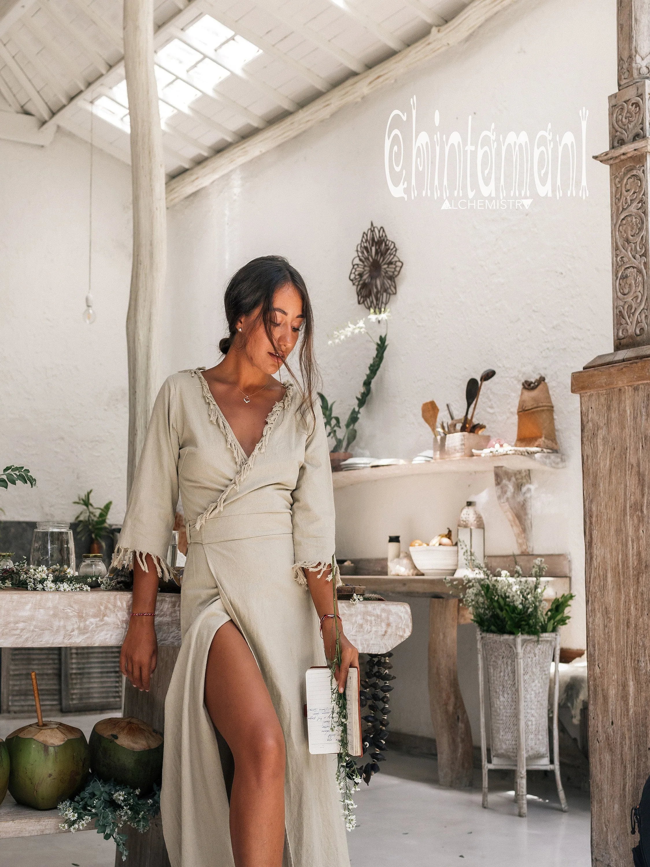 Long Boho Wrap Dress Women ∆ Boho Clothing Maxi Dress ∆ Organic Bohemian Dress ∆ Fringe Raw Cotton Dress Gown ∆ Summer Goddess Dress / Sage