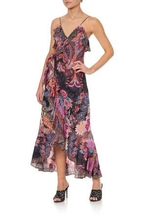 LONG WRAP DRESS WITH FRILL SWINGING SIXTIES