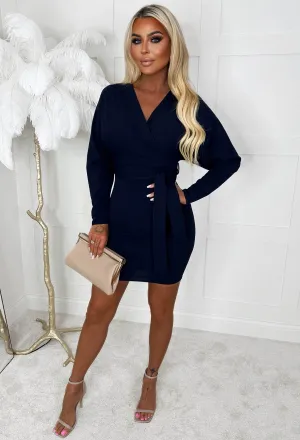 Lust For Love Navy Long Sleeve Wrap Top Belted Midi Dress