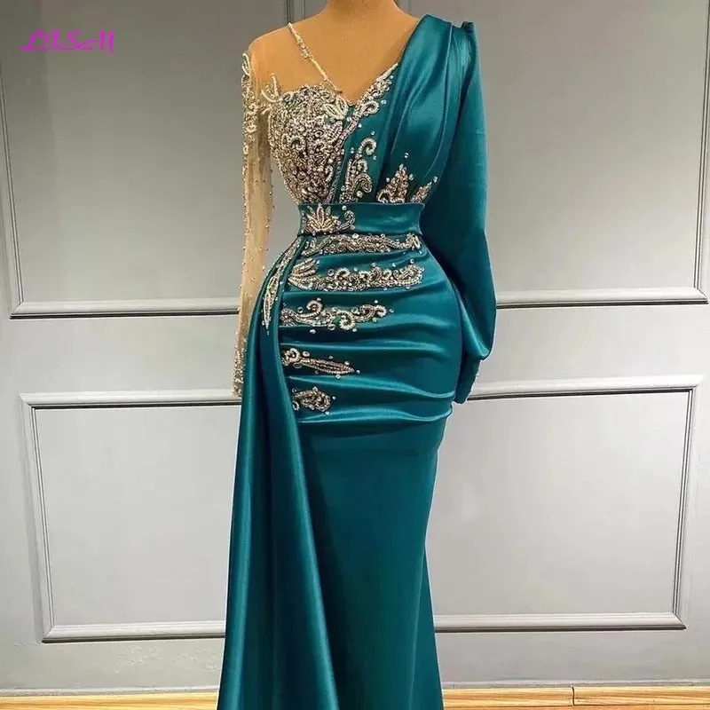 Luxury Long Sleeve Mermaid Evening Dresses Sparkly Crystals Elegant Satin Dubai Women Formal Party Evening Gowns Sheer Neck