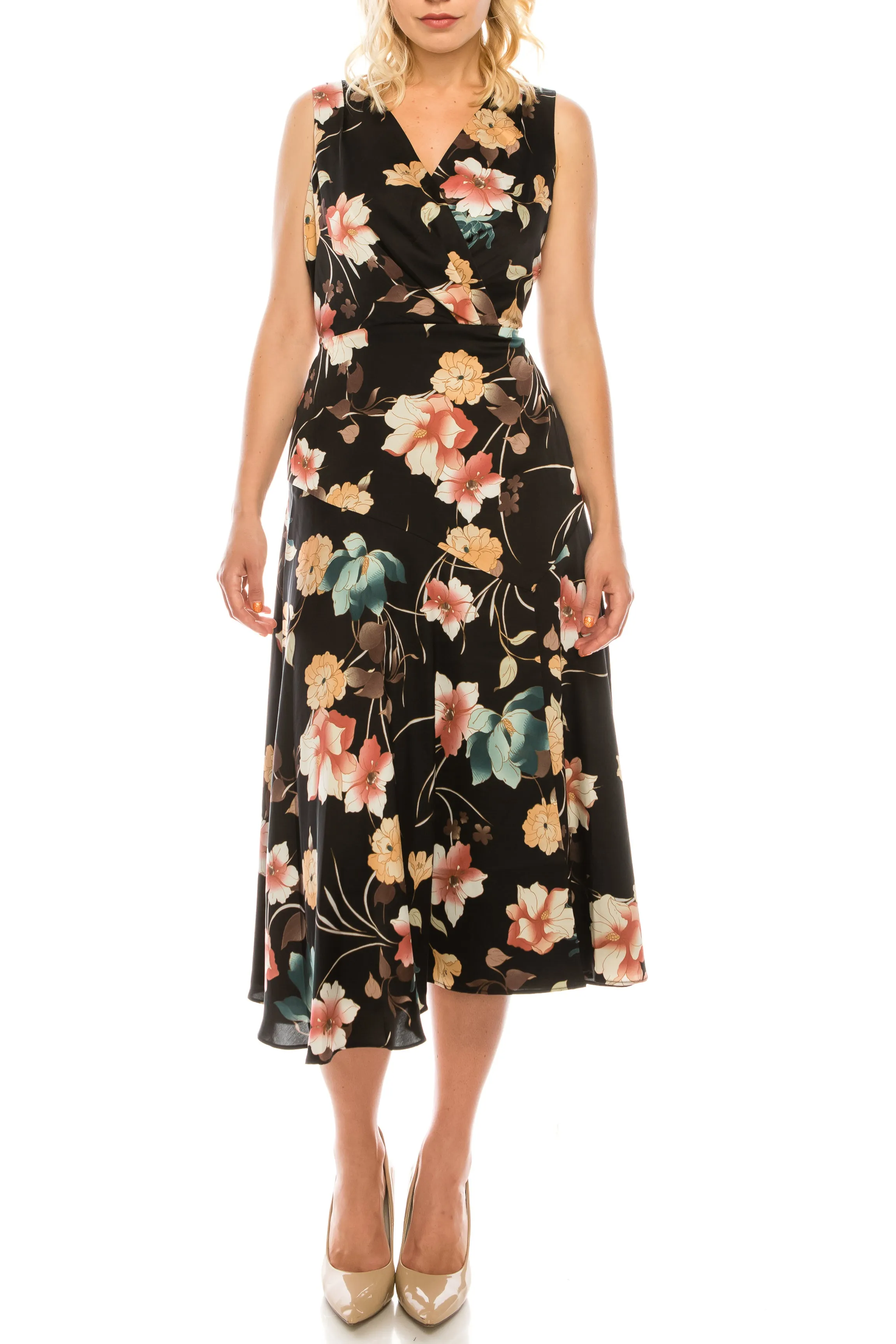 Maggy London Black Coral Floral Printed Faux Wrap Dress