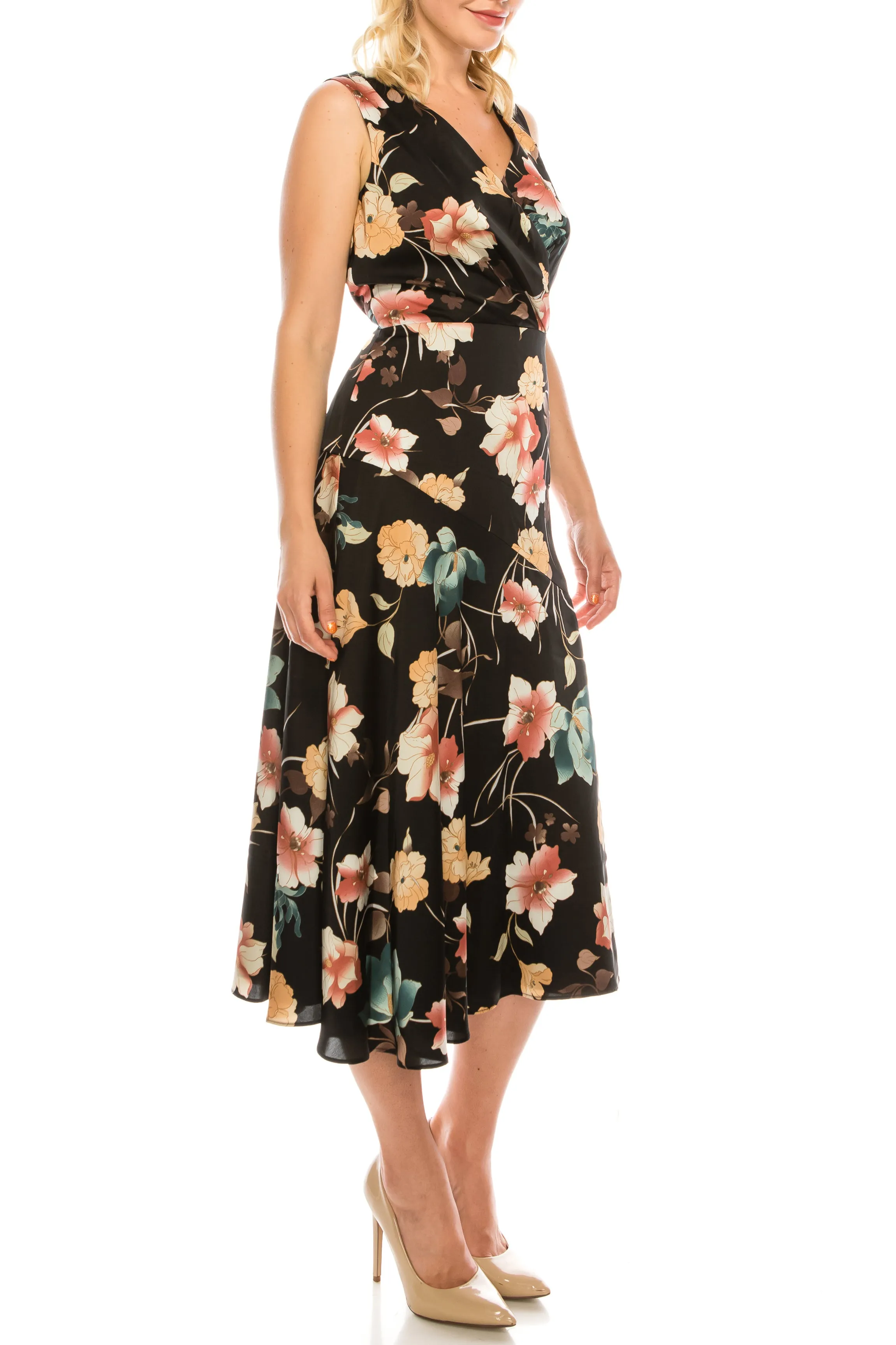 Maggy London Black Coral Floral Printed Faux Wrap Dress