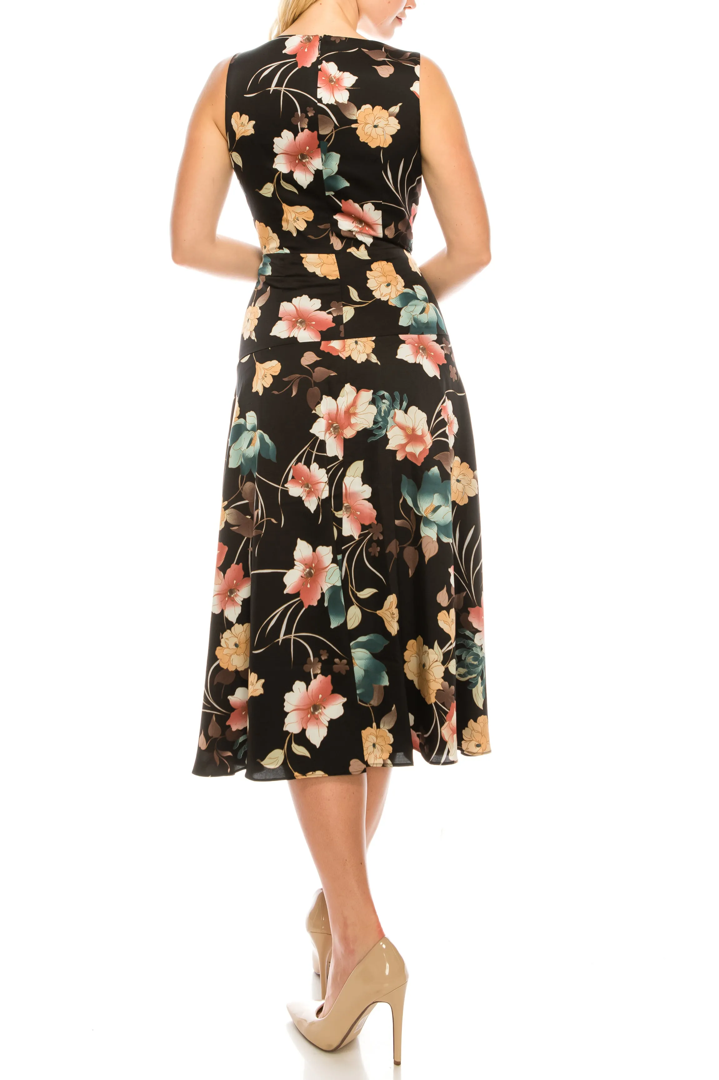 Maggy London Black Coral Floral Printed Faux Wrap Dress