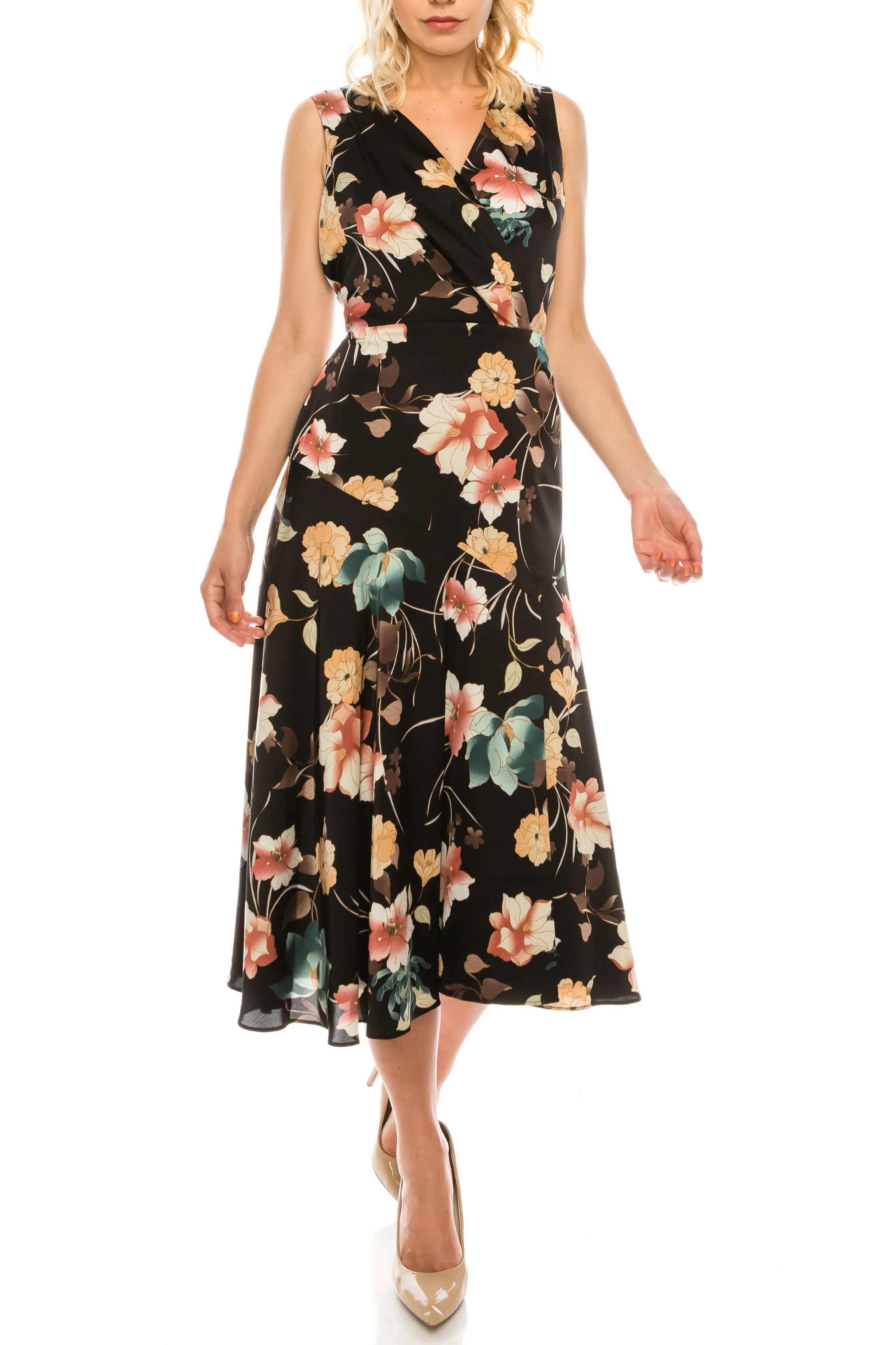 Maggy London Black Coral Floral Printed Faux Wrap Dress