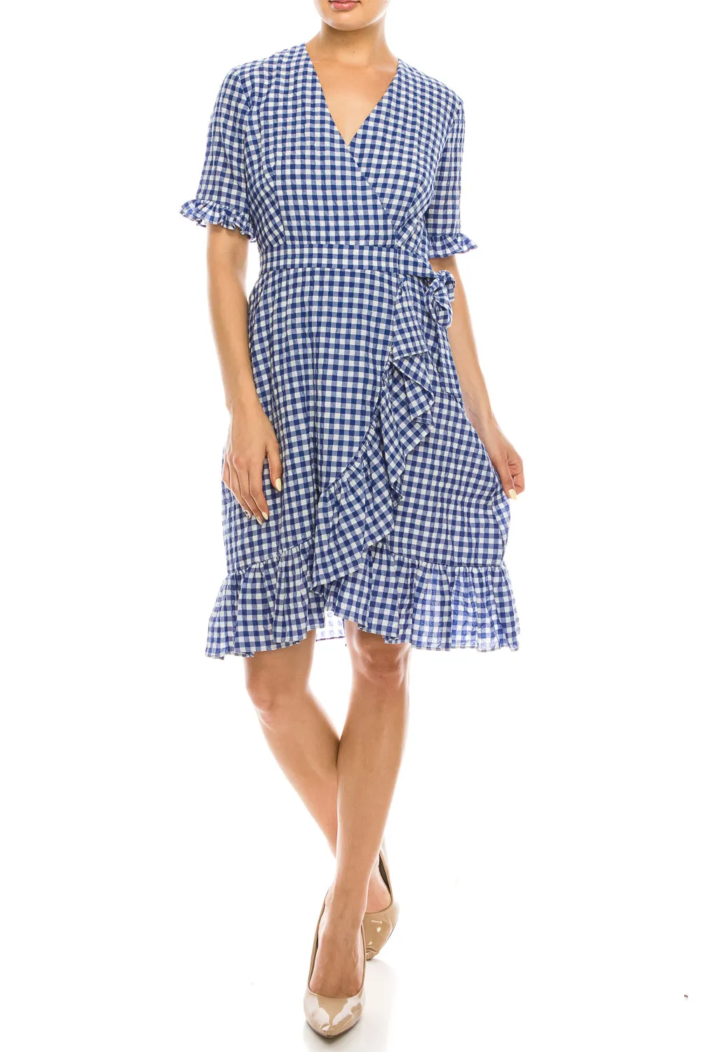 Maggy London Blue White Gingham Printed Ruffled Dress