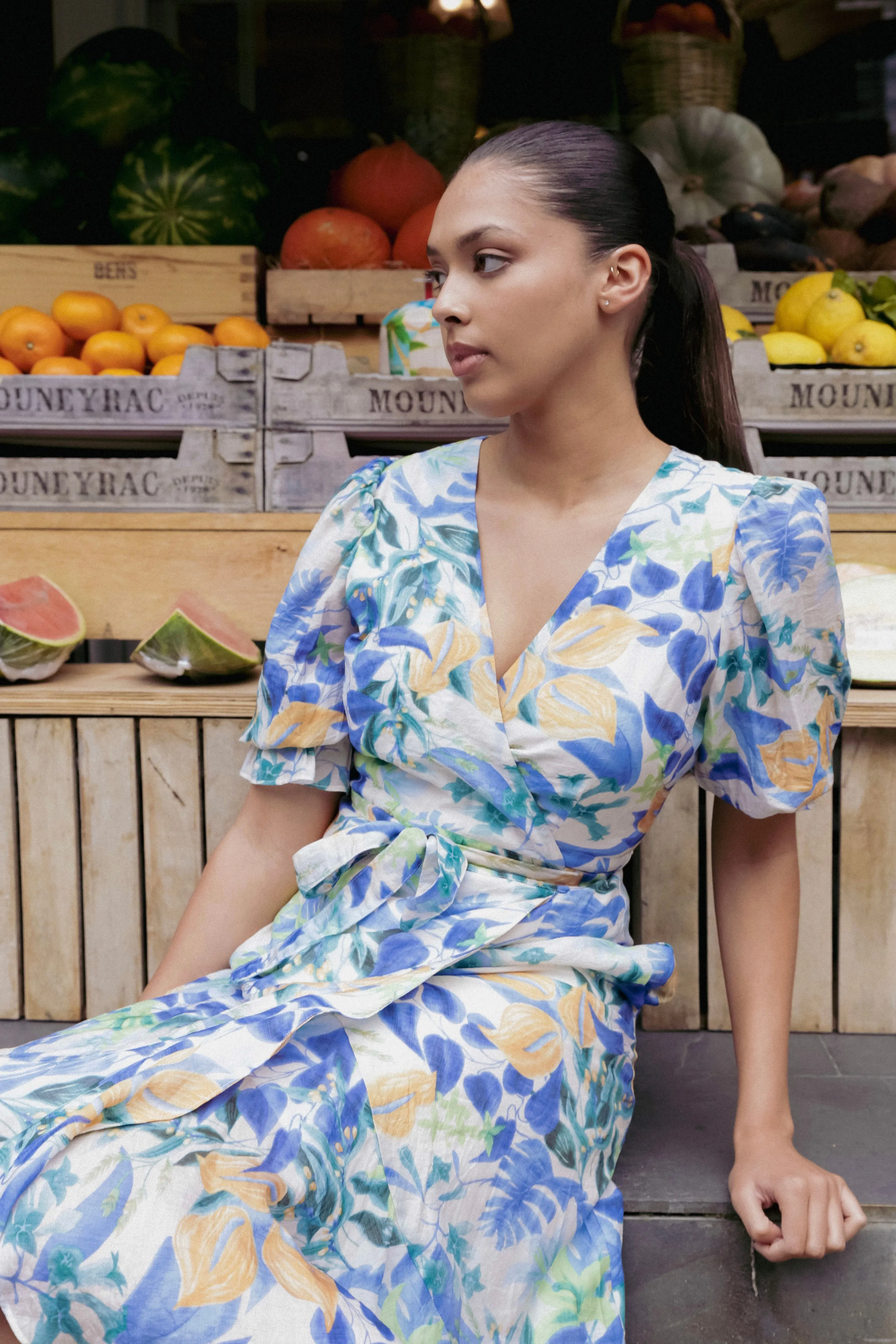 Magnolia Blue Orange Tropical SS Midi Wrap Dress