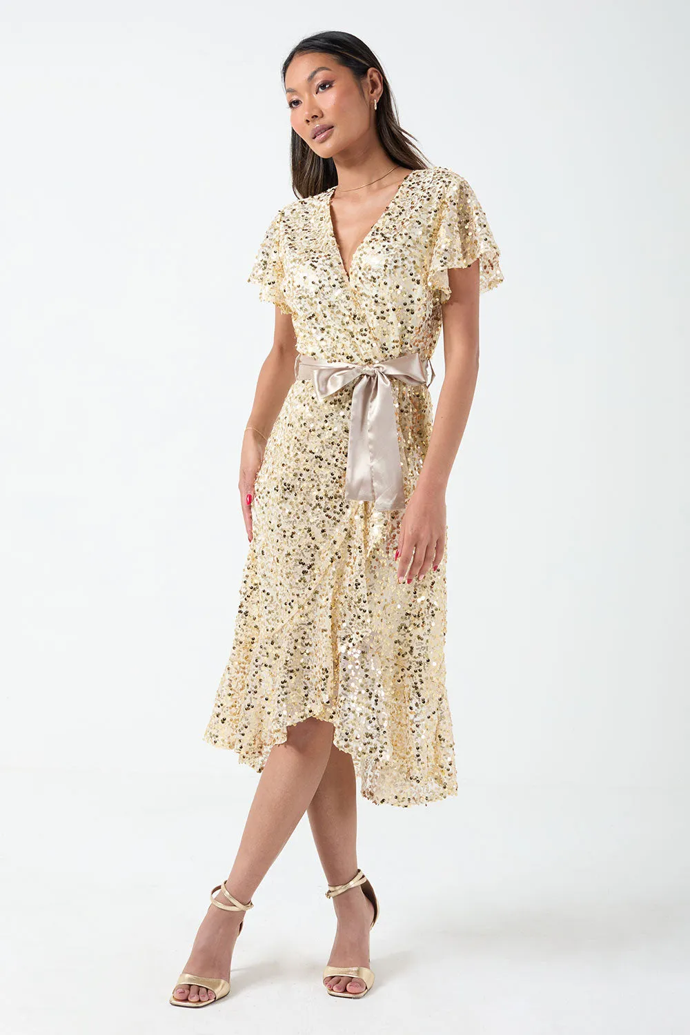 Marc Angelo Sequin Wrap Dress in gold