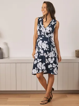 Maternity Wrap Dress in Navy & White Flowers