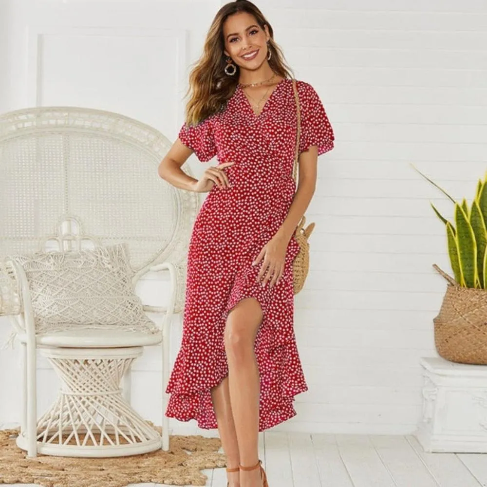 Maxi Floral Print Ruffles Wrap CV-Neck Split Sexy  Dress