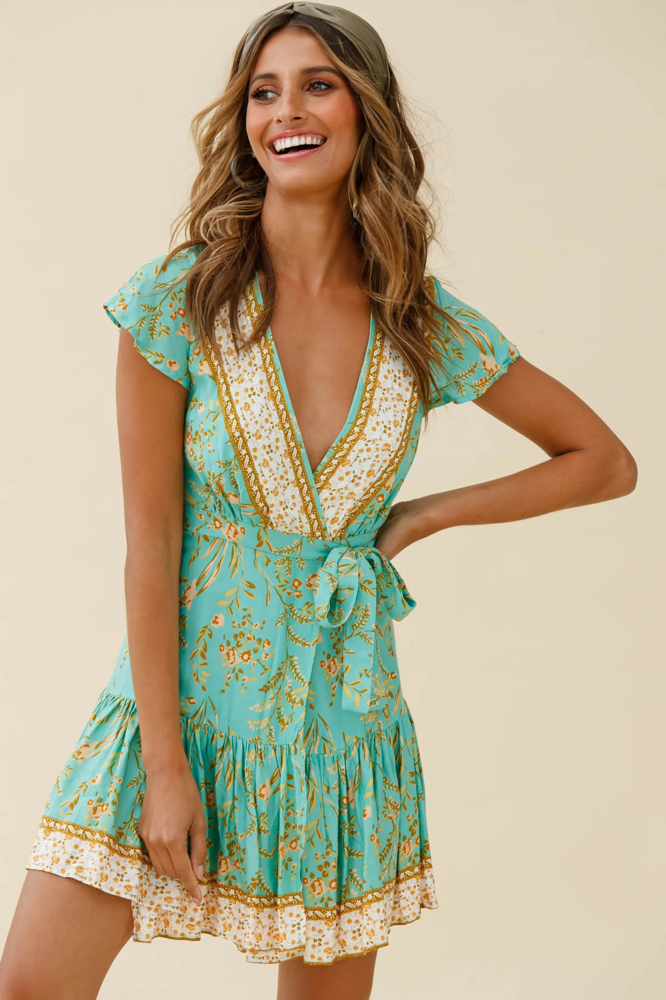 Mayan Angel Sleeve Waist Tie Wrap Dress Floral Print Mint