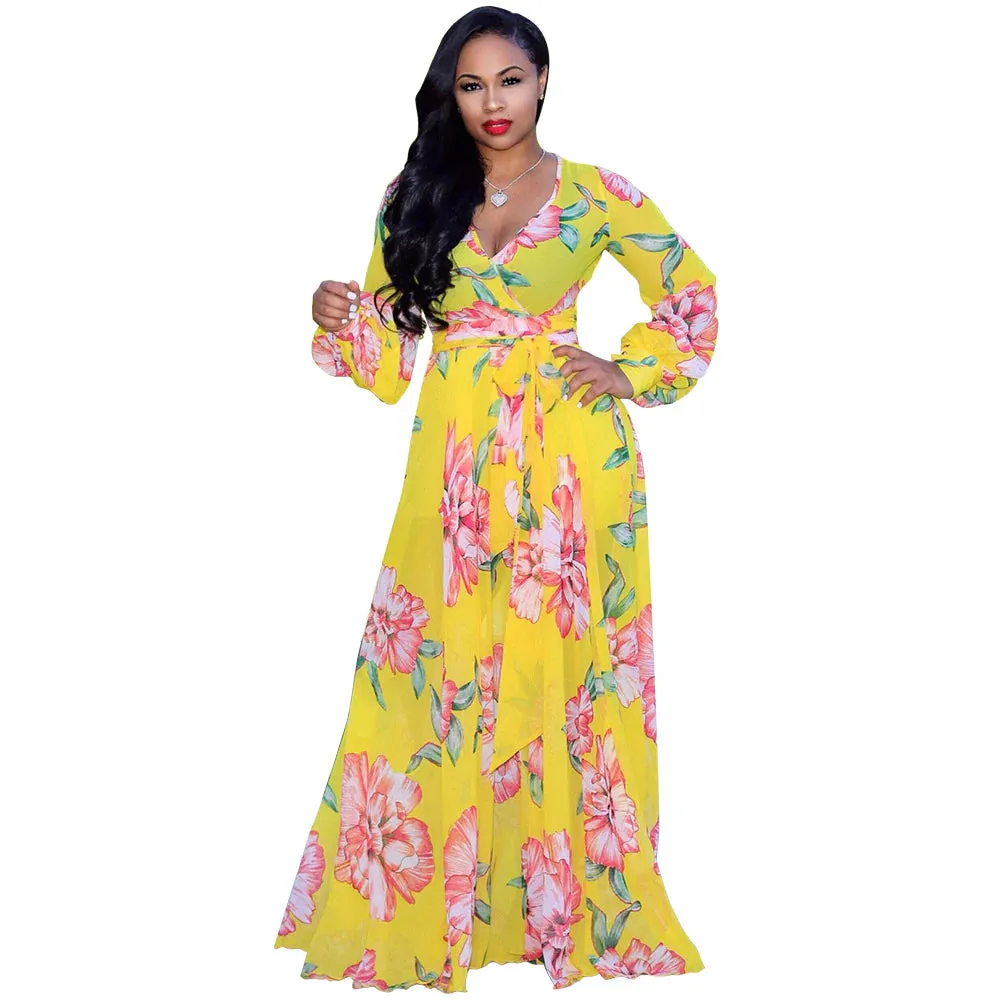 MB FASHION Wrap Maxi Dress with Tie Waist and Abstract Pattern Design 4624