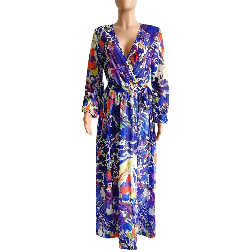 MB FASHION Wrap Maxi Dress with Tie Waist and Abstract Pattern Design 4624