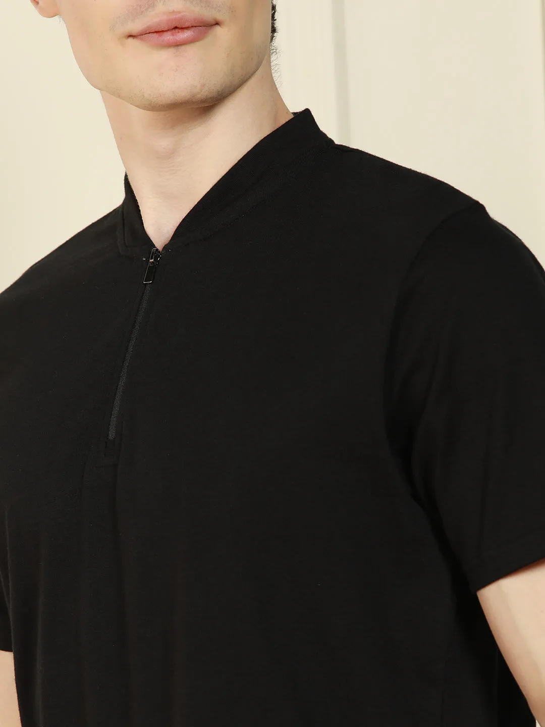 Men's Black Henley Neck Solid Cotton T-Shirt