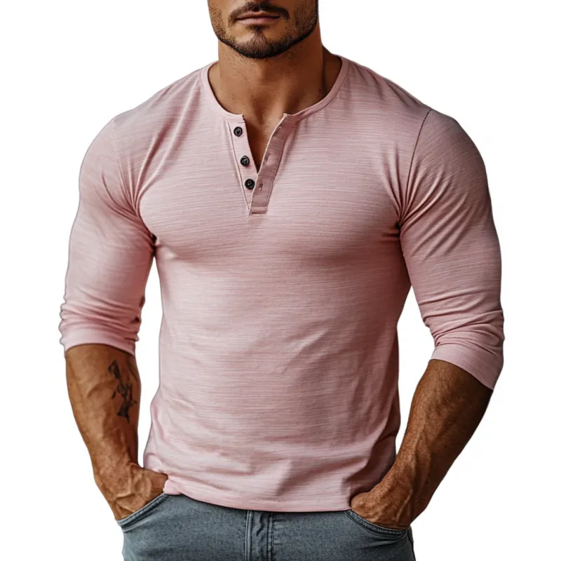 Men's Casual Cotton Blend Stripe Henley Collar Slim Fit Long Sleeve T-Shirt 14371132M