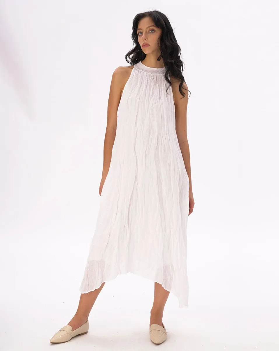 Mock Neck Crinkled Cotton Linen Tank Dress