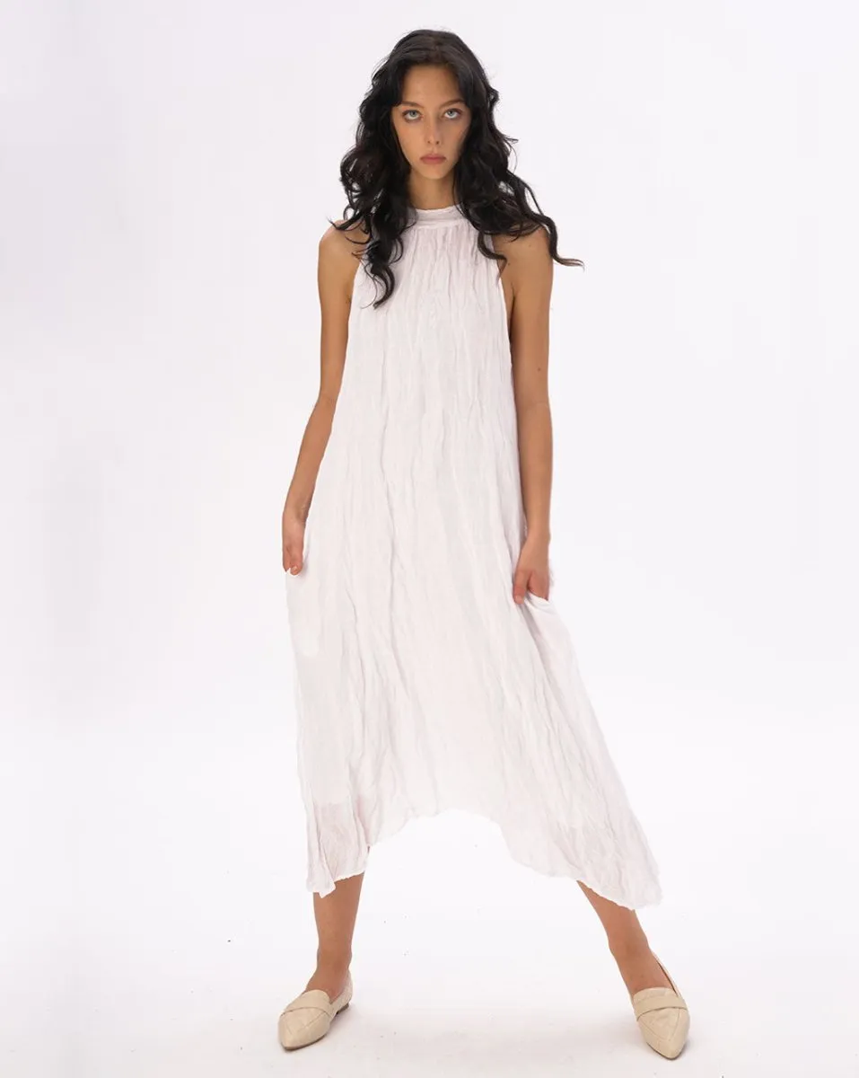 Mock Neck Crinkled Cotton Linen Tank Dress