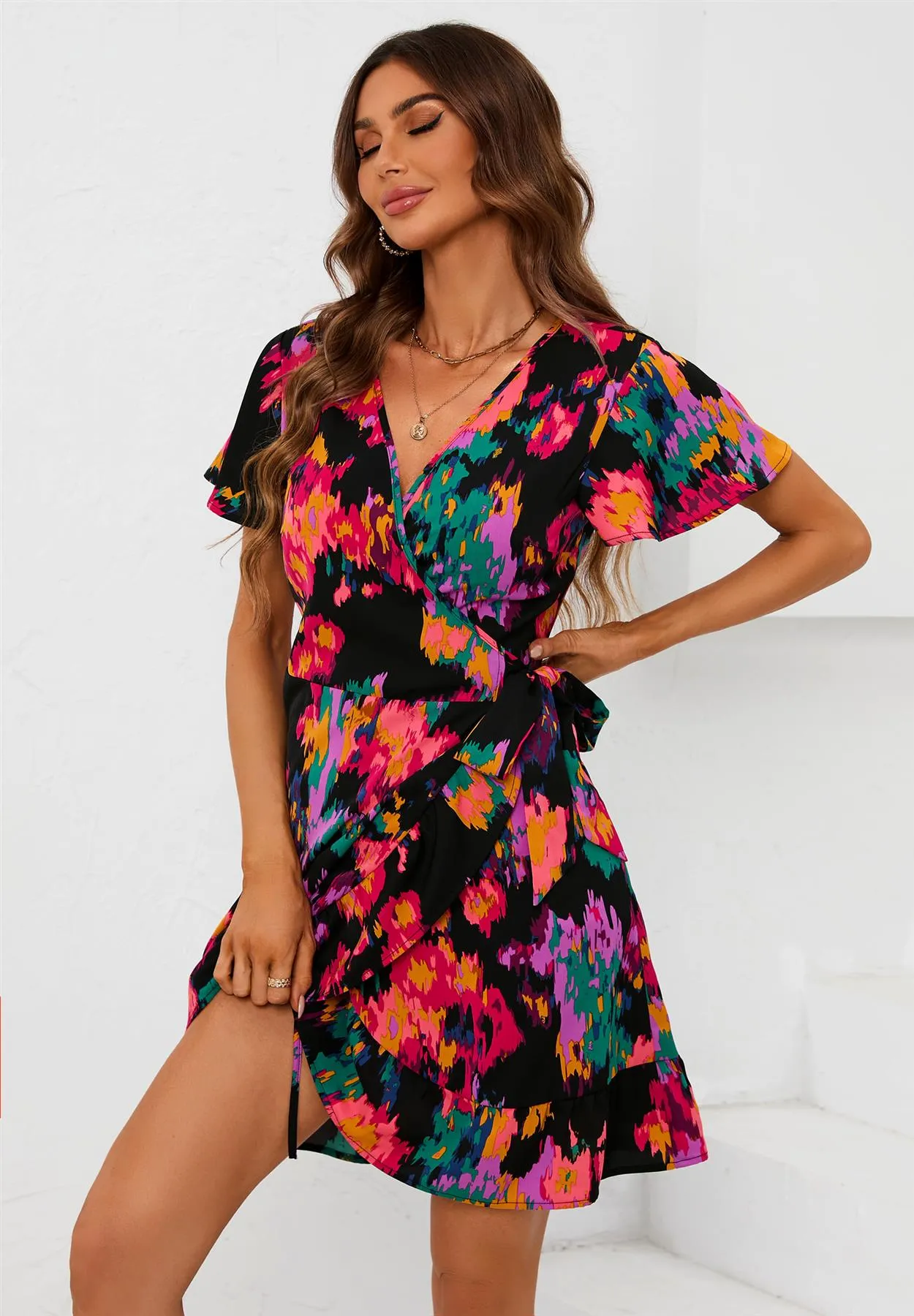 Multi Colour Printed Mini Wrap Dress In Black