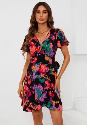 Multi Colour Printed Mini Wrap Dress In Black