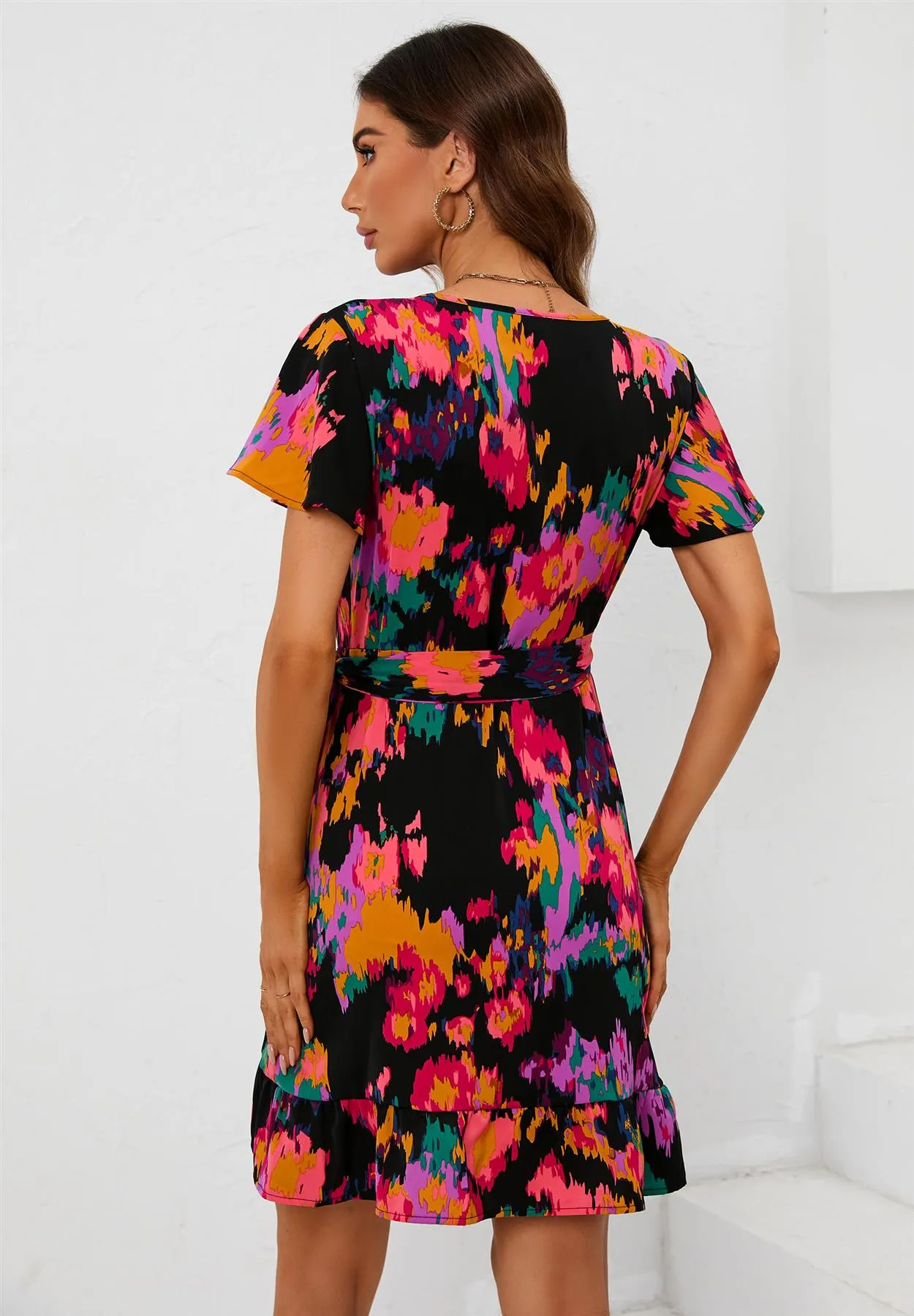 Multi Colour Printed Mini Wrap Dress In Black