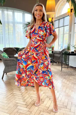 Multi Printed Butterfly Sleeve Wrap Midi Dress