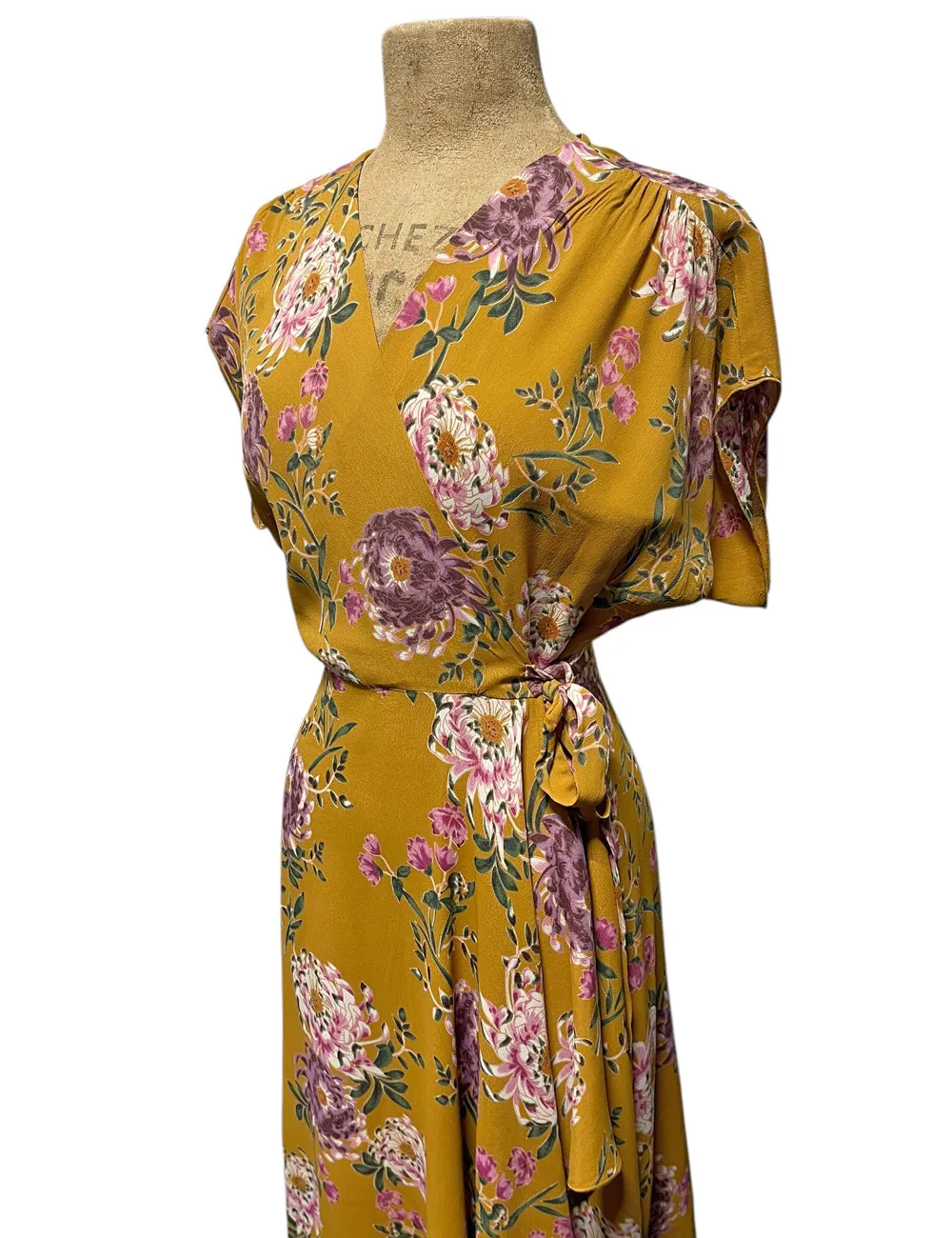 Mustard Yellow Mum Print Cascade Wrap Dress - Size Medium