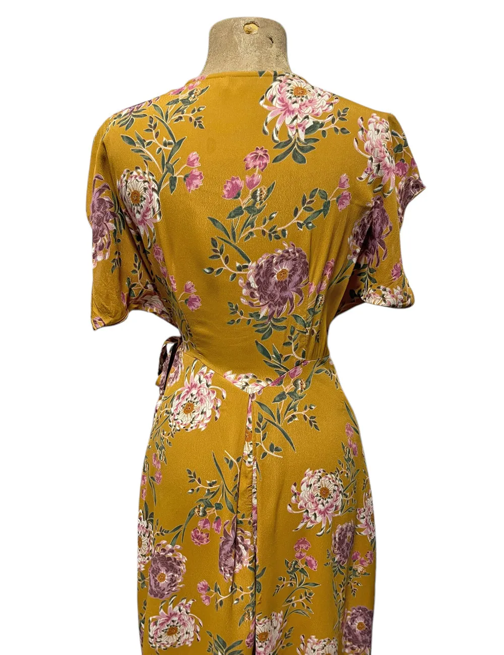 Mustard Yellow Mum Print Cascade Wrap Dress - Size Medium