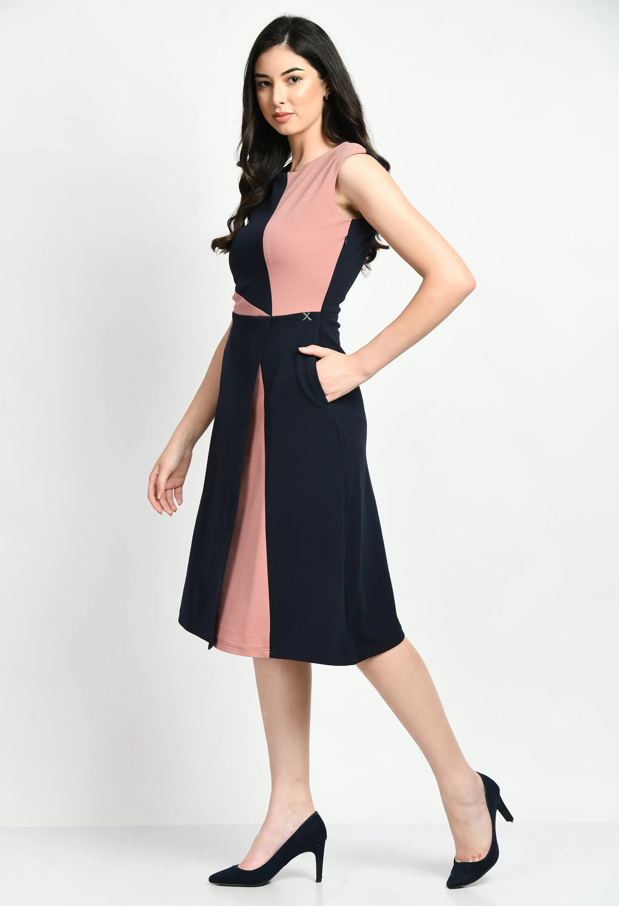 Navy Blue & Pink Cotton Blend Elegance A-Line Wrap Dress