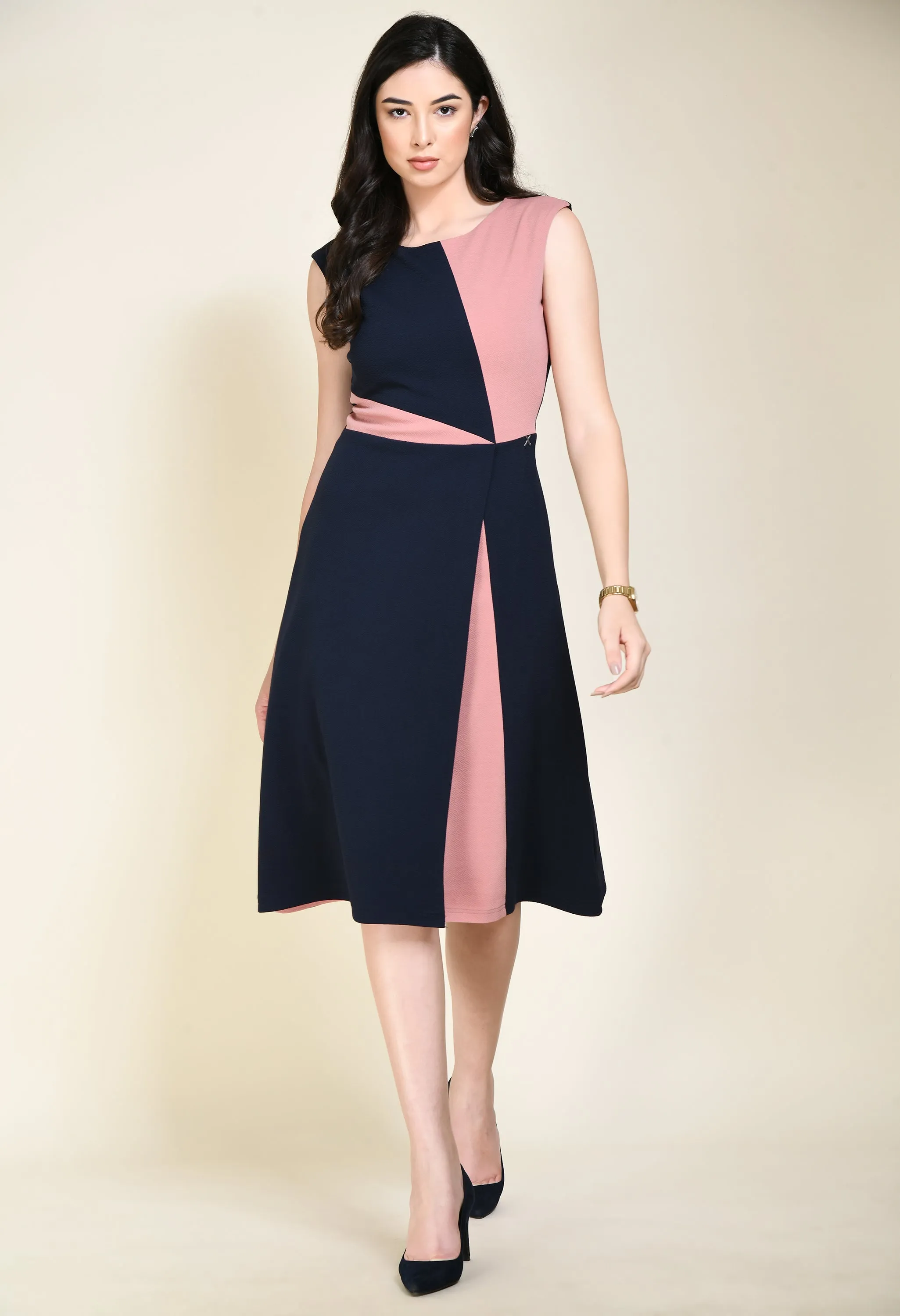 Navy Blue & Pink Cotton Blend Elegance A-Line Wrap Dress