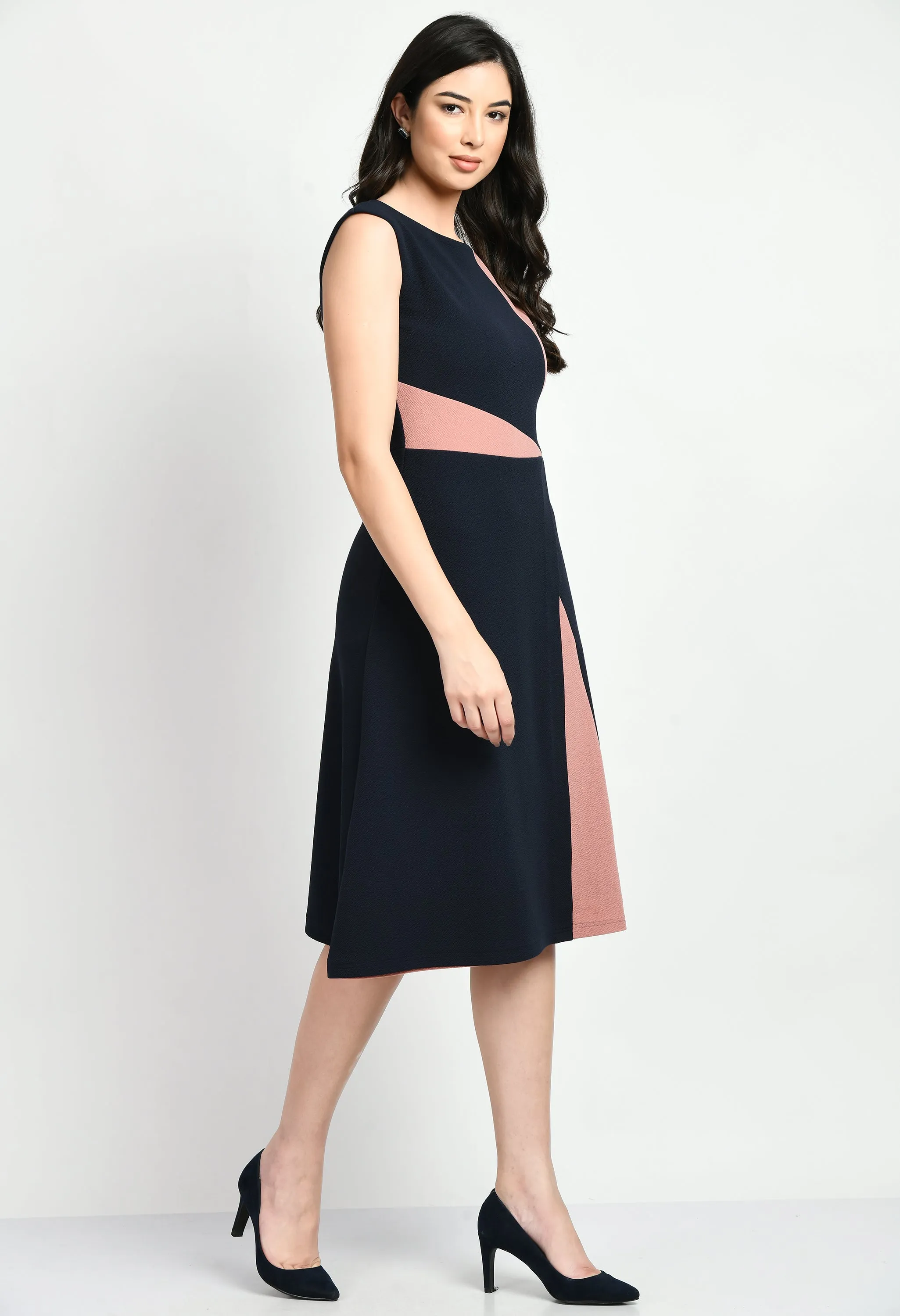 Navy Blue & Pink Cotton Blend Elegance A-Line Wrap Dress