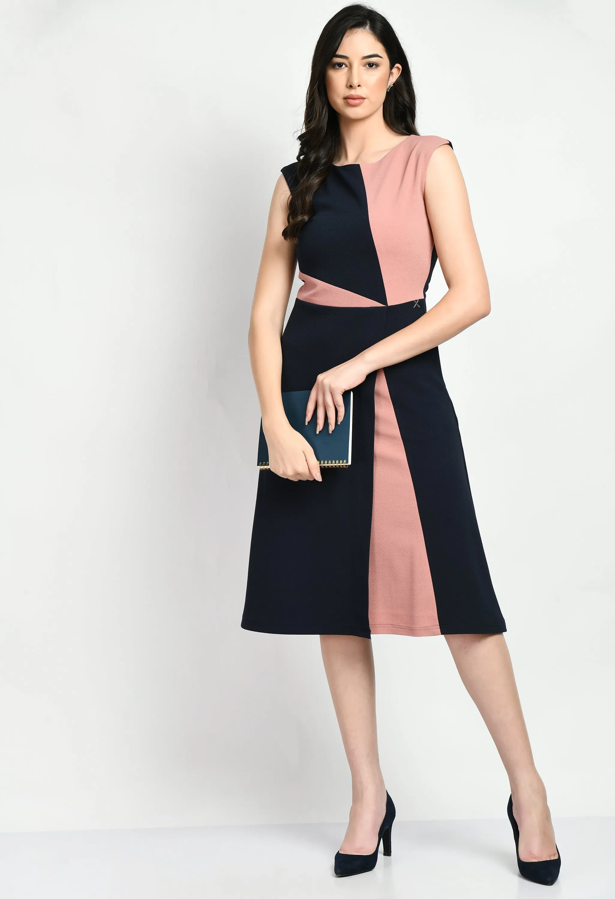 Navy Blue & Pink Cotton Blend Elegance A-Line Wrap Dress