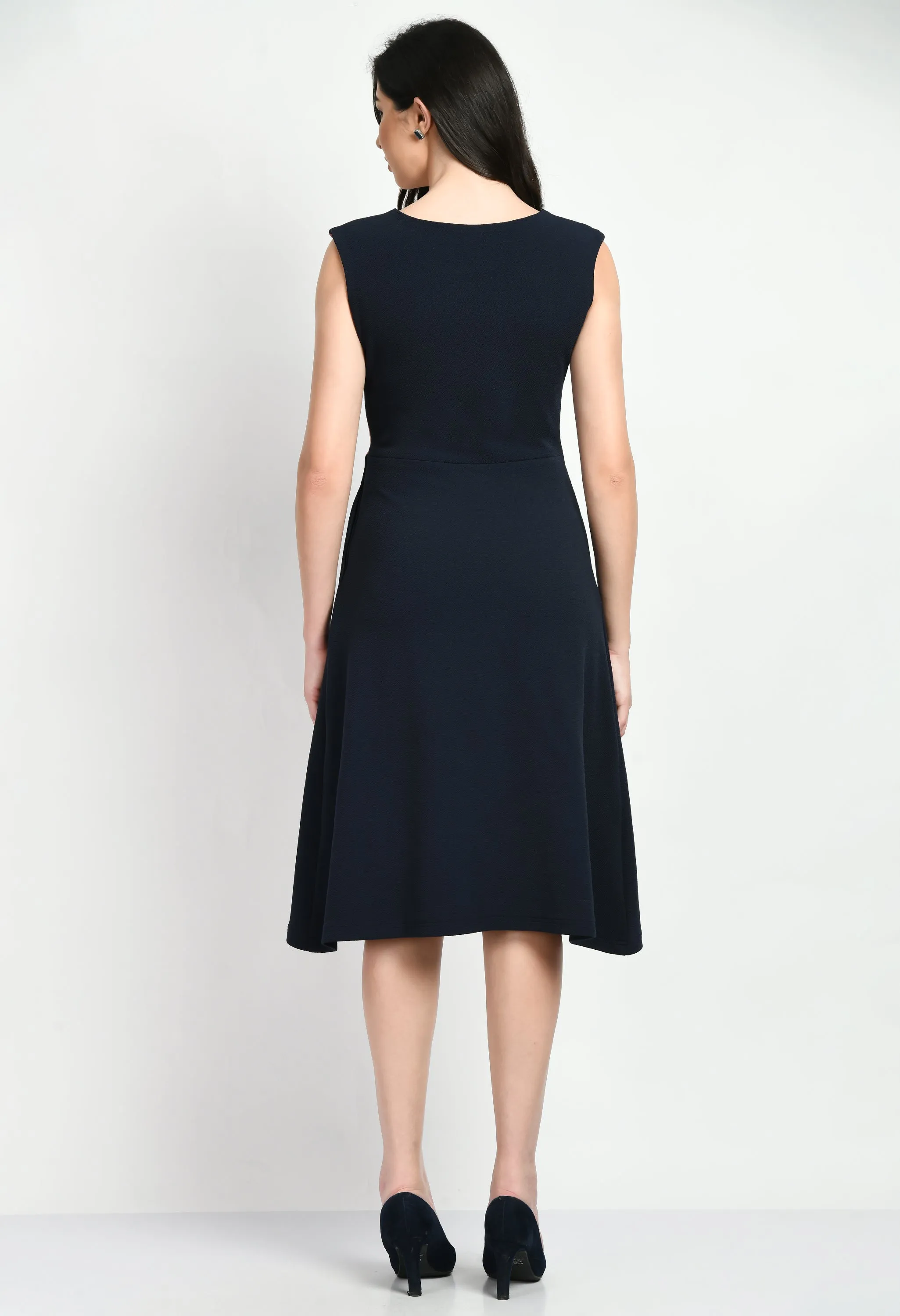 Navy Blue & Pink Cotton Blend Elegance A-Line Wrap Dress