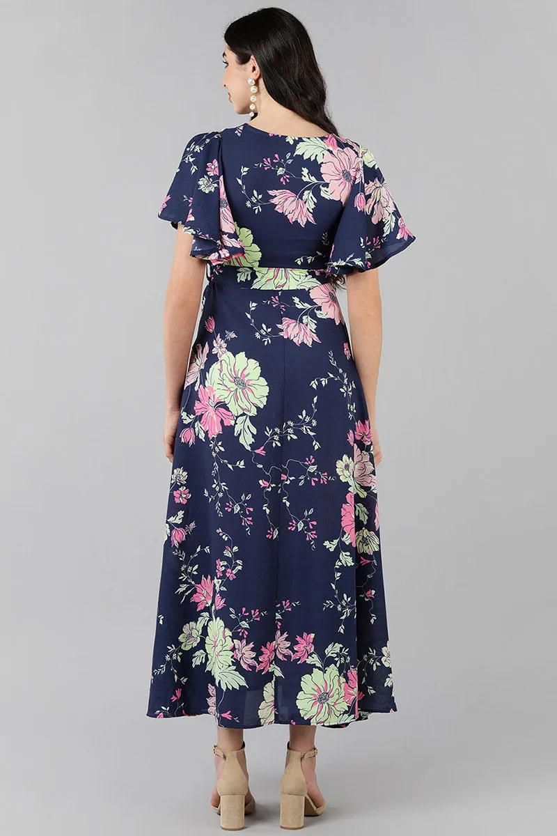 Navy Blue Georgette Floral Printed Wrap-Style Maxi Dress