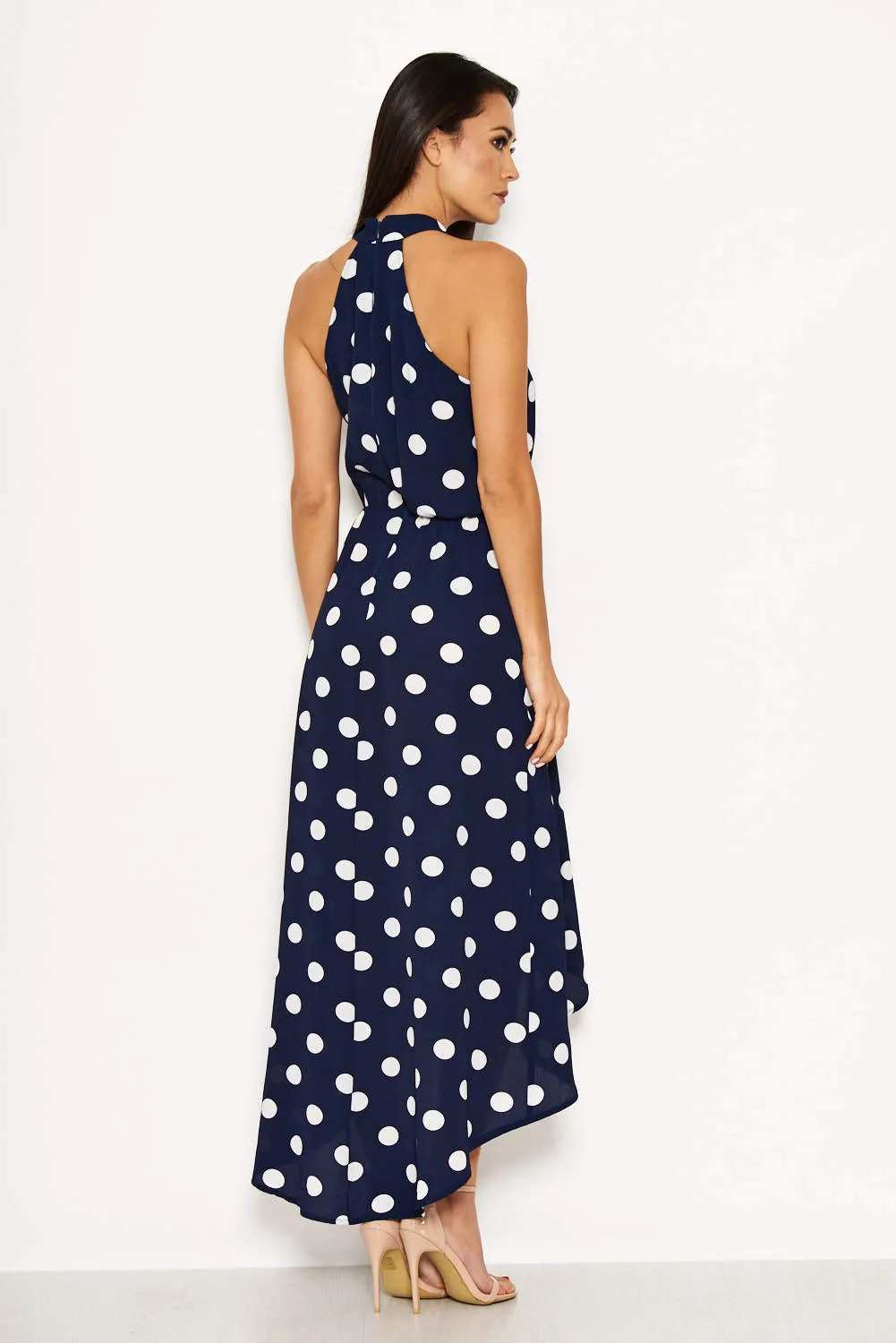 Navy Polka Dot Print High Neck Maxi Dress