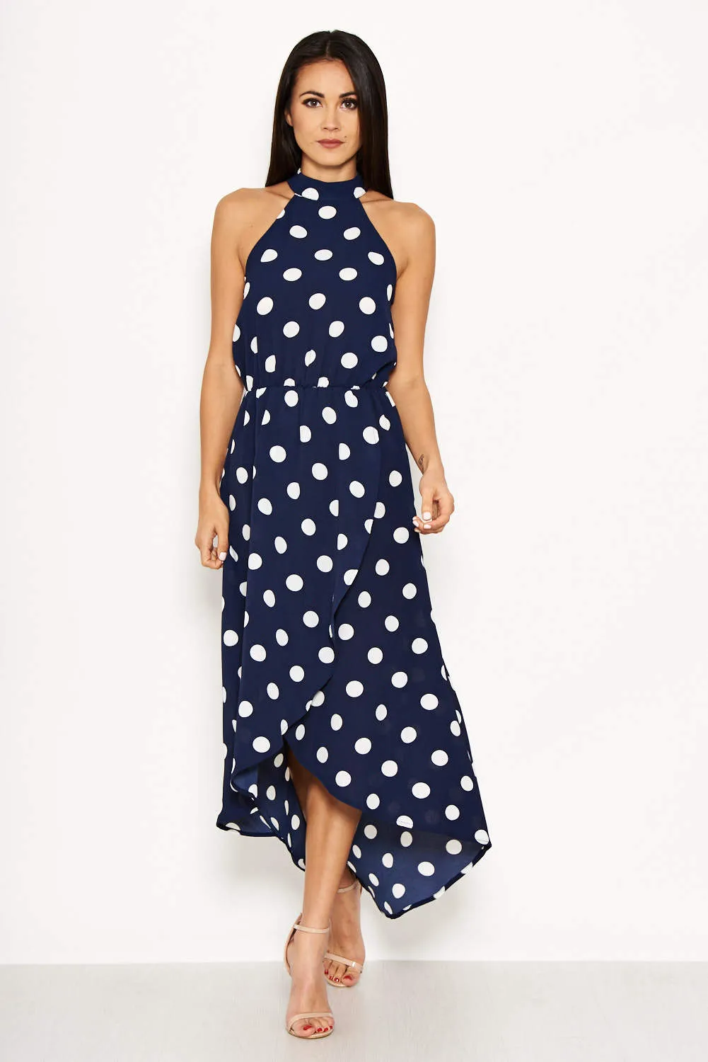 Navy Polka Dot Print High Neck Maxi Dress