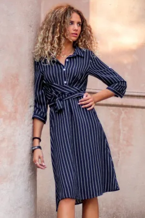 Navy Striped Belt Midi Dress