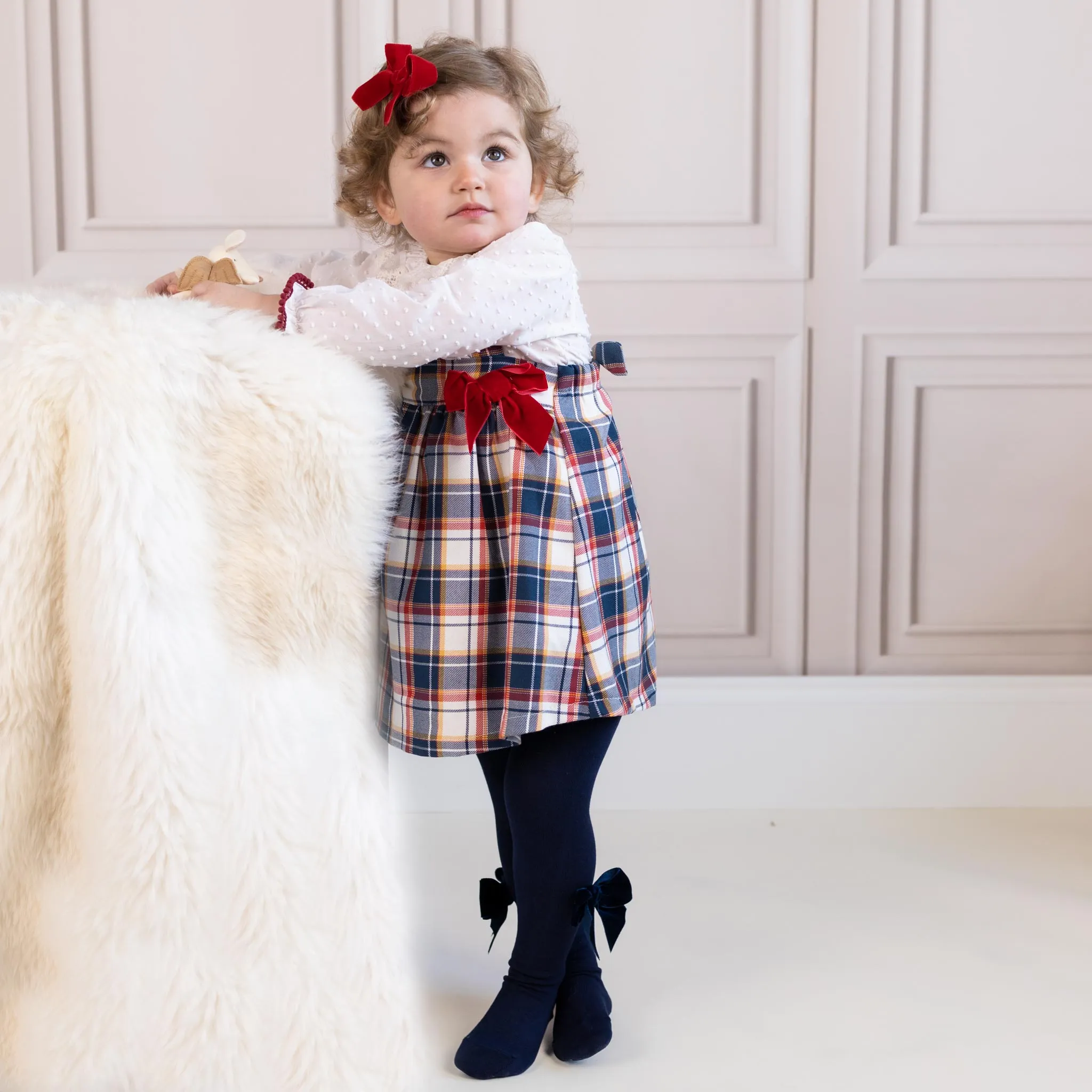 Navy Tartan Pinafore Dress Outfit | Valentina Bebes (3M - 6Y)