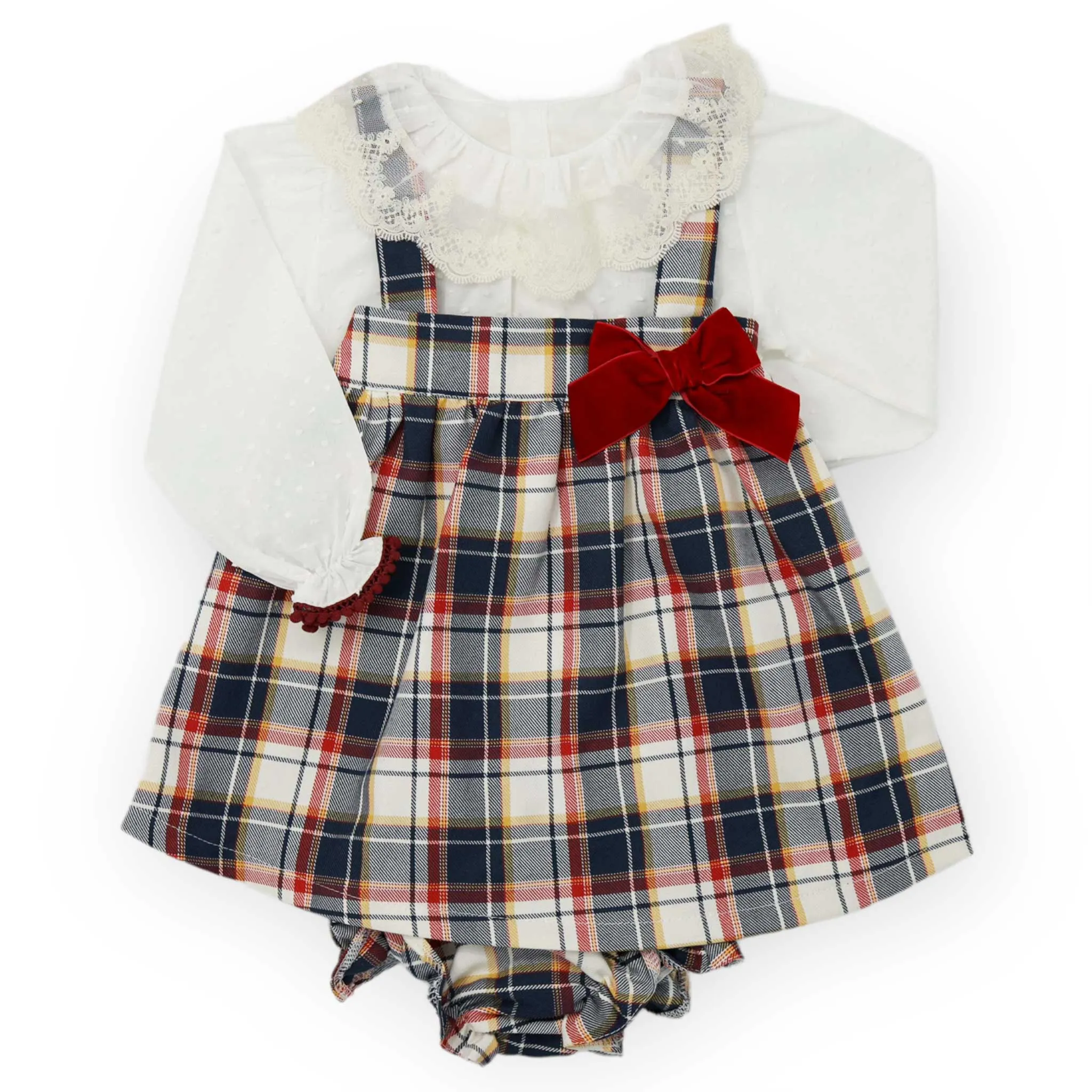 Navy Tartan Pinafore Dress Outfit | Valentina Bebes (3M - 6Y)