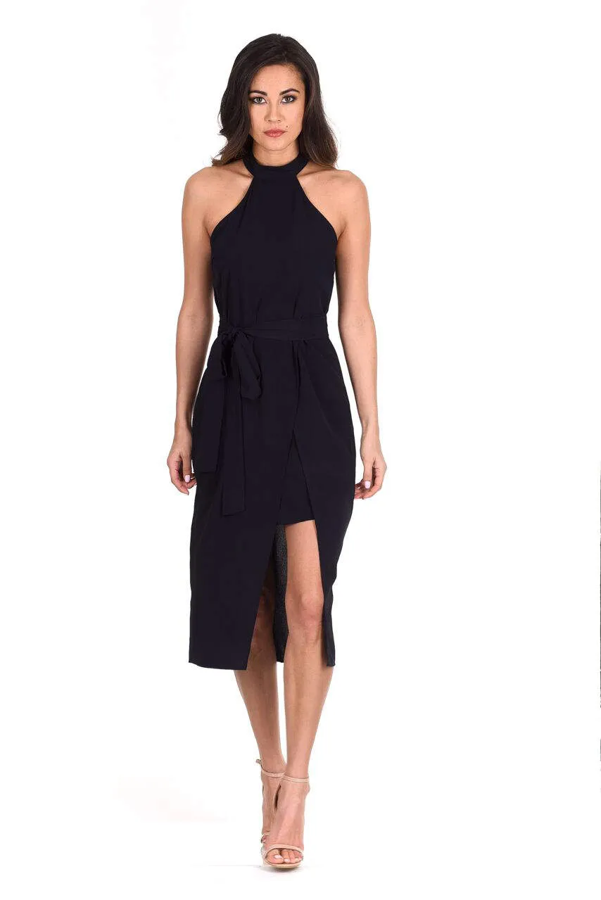 Navy Wrap Skirt Cut In Neck Dress