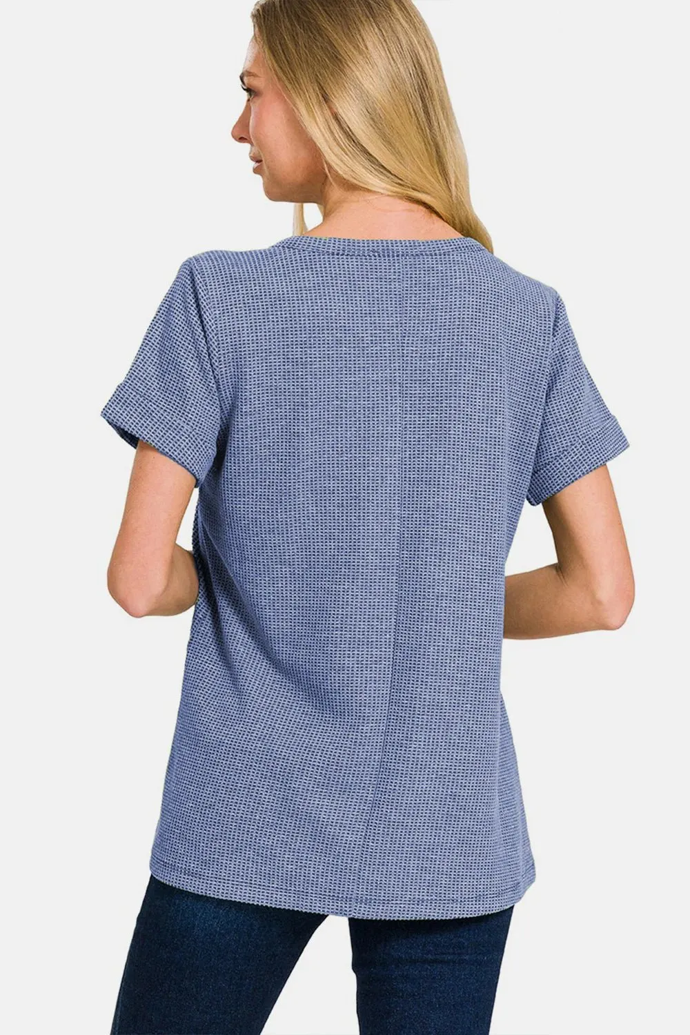 Notch Neck Short Sleeve Waffle Knit Top