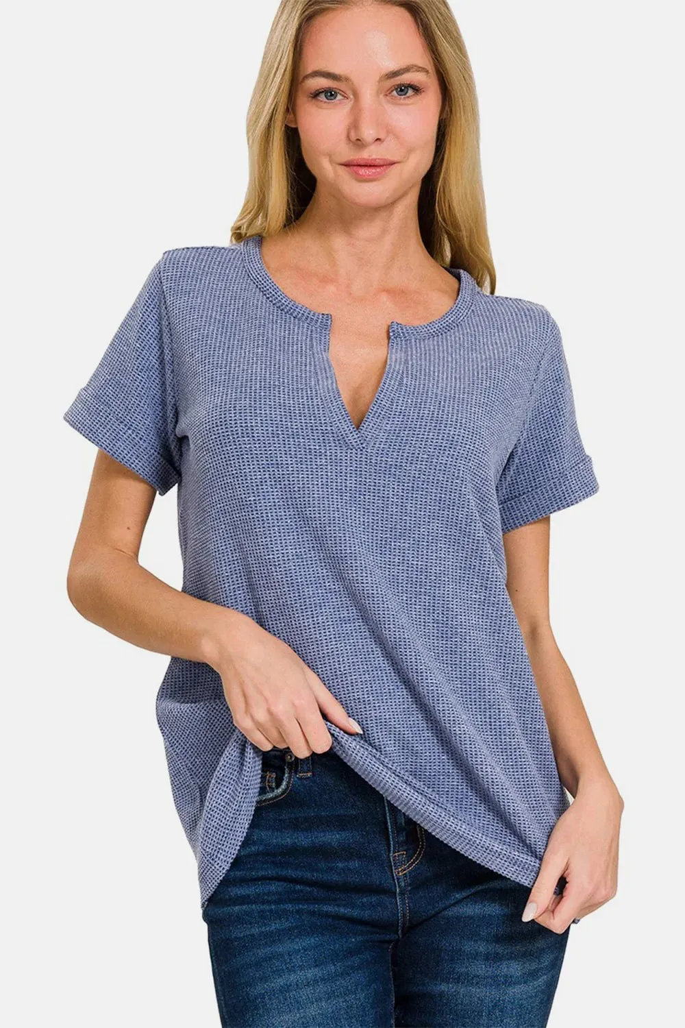 Notch Neck Short Sleeve Waffle Knit Top