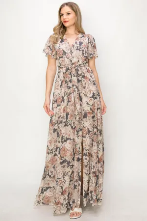 OL24A041-CHIFFON FLORAL WRAP FRONT SLIT MAXI DRESS