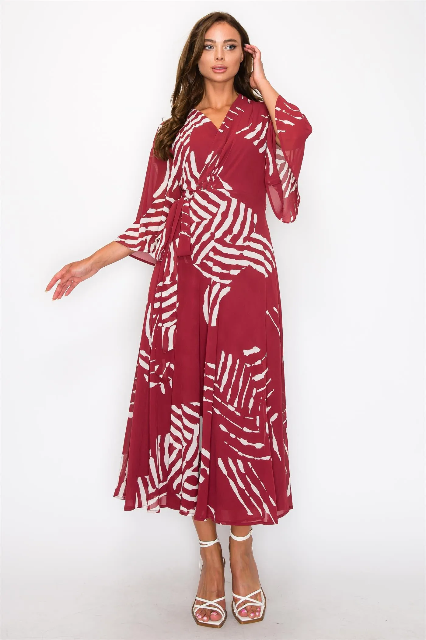 OL24A094-3-4 SLEEVE WRAP V-NECK MAXI DRESS