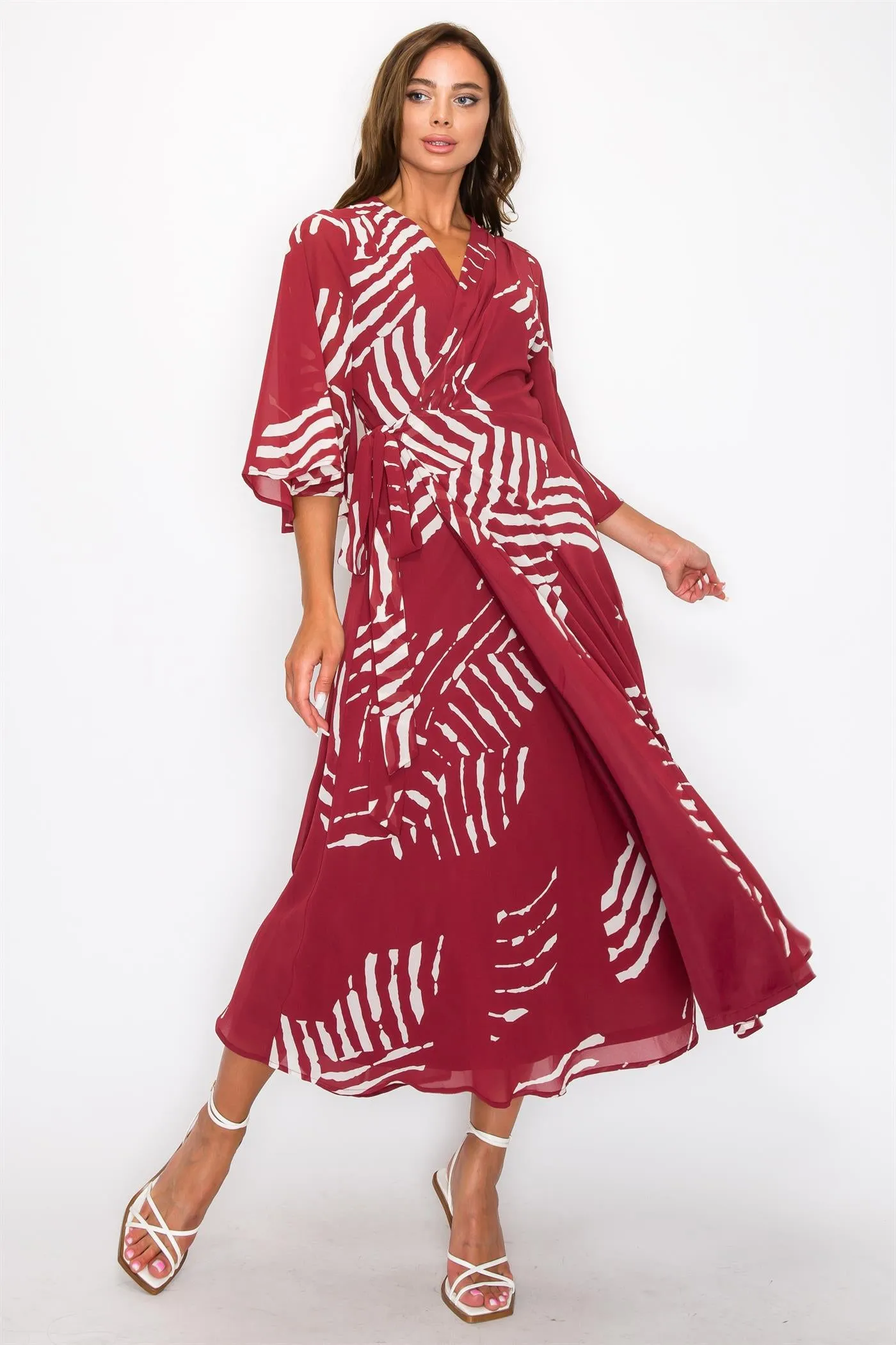 OL24A094-3-4 SLEEVE WRAP V-NECK MAXI DRESS