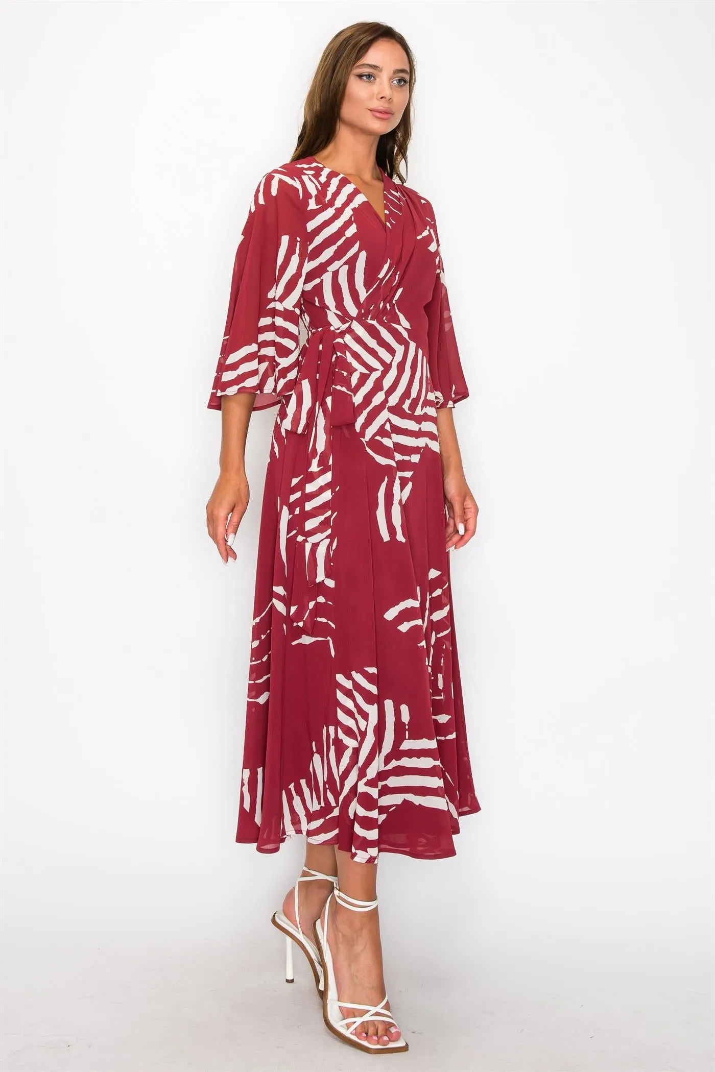 OL24A094-3-4 SLEEVE WRAP V-NECK MAXI DRESS