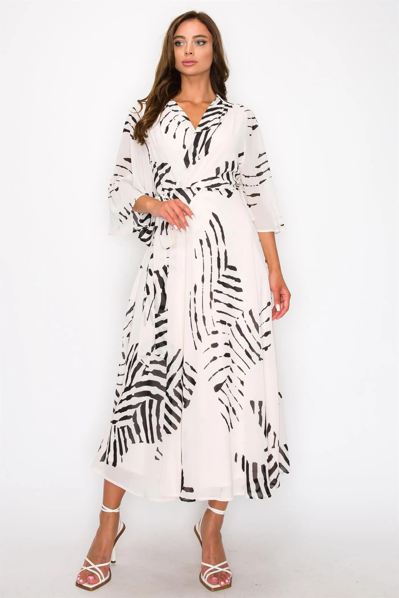 OL24A094-3-4 SLEEVE WRAP V-NECK MAXI DRESS