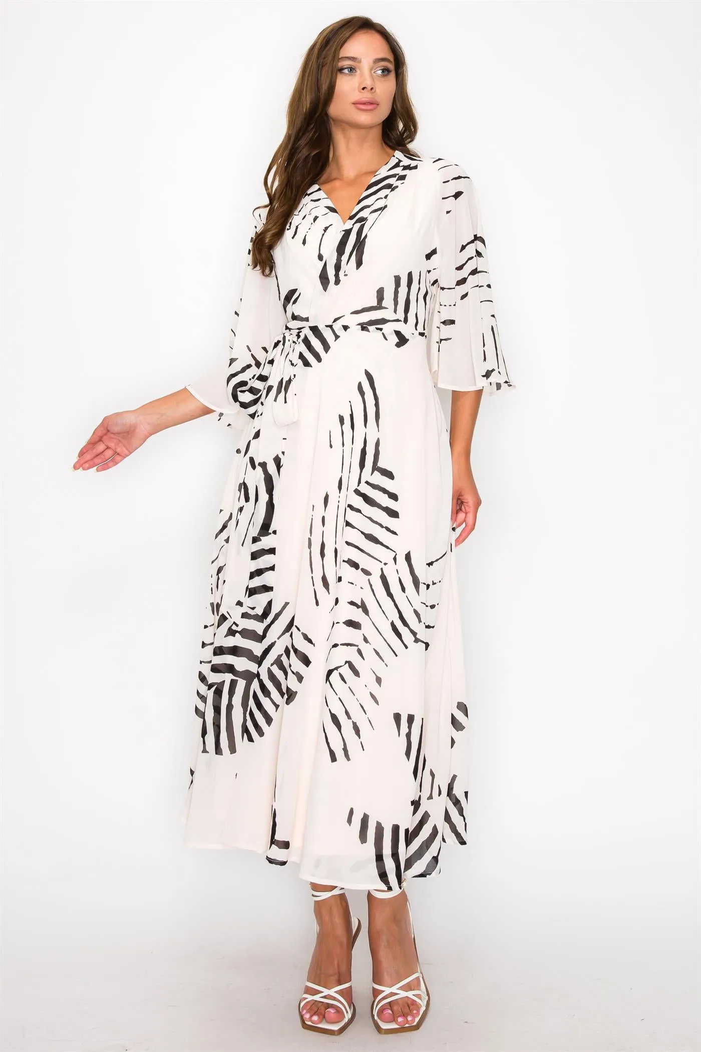 OL24A094-3-4 SLEEVE WRAP V-NECK MAXI DRESS