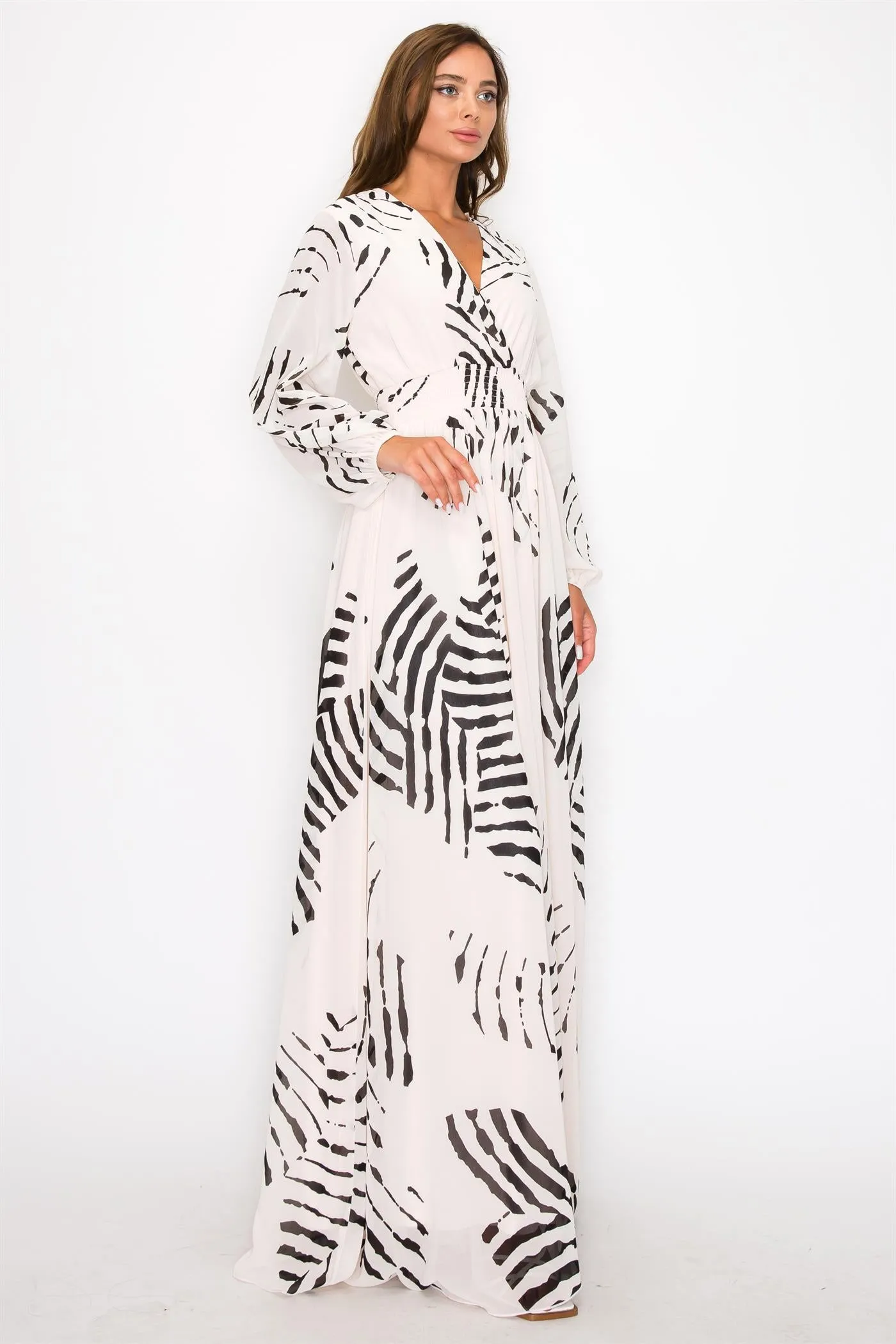 OL24A098-Chiffon Print Wrap V-Neck Maxi Dress