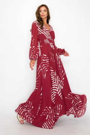 OL24A098-Chiffon Print Wrap V-Neck Maxi Dress