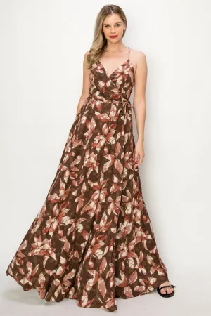 OL24A137-FLORAL SLEEVELESS WRAP MAXI DRESS